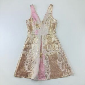 Minuet pink metallic gold Vneck fit and flare lined special occasion dress XS